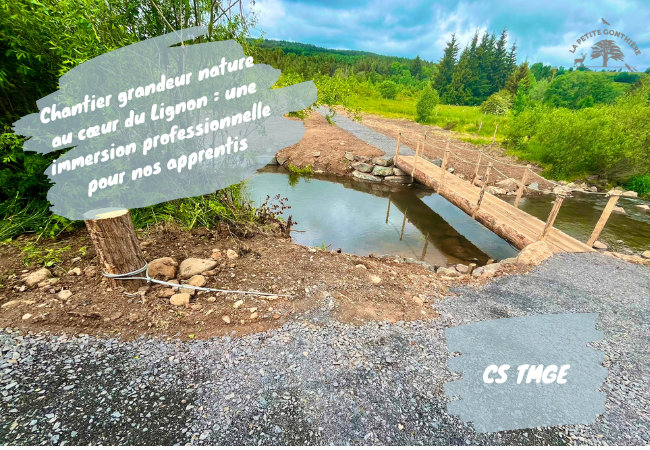 Apprentis CS TMGE de la MFR d’Anse en chantier de renaturation du cours d’eau du Lignon sur un site Natura 2000 en Haute-Loire avec Chambon TP Paysage
